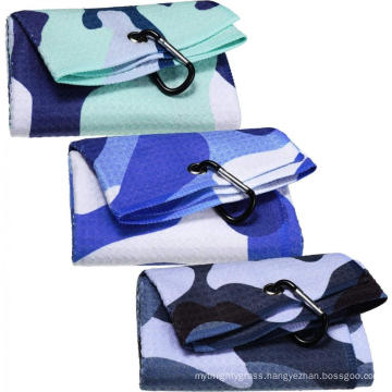 Microfiber Waffle Pattern Carabiner Clip Tri-fold Golf Towel